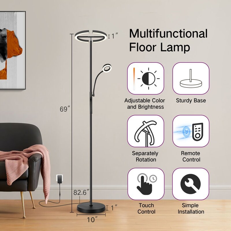 69 inch Double Headed Torchiere Floor Lamp with Remote Control,4 Color Temperature - black