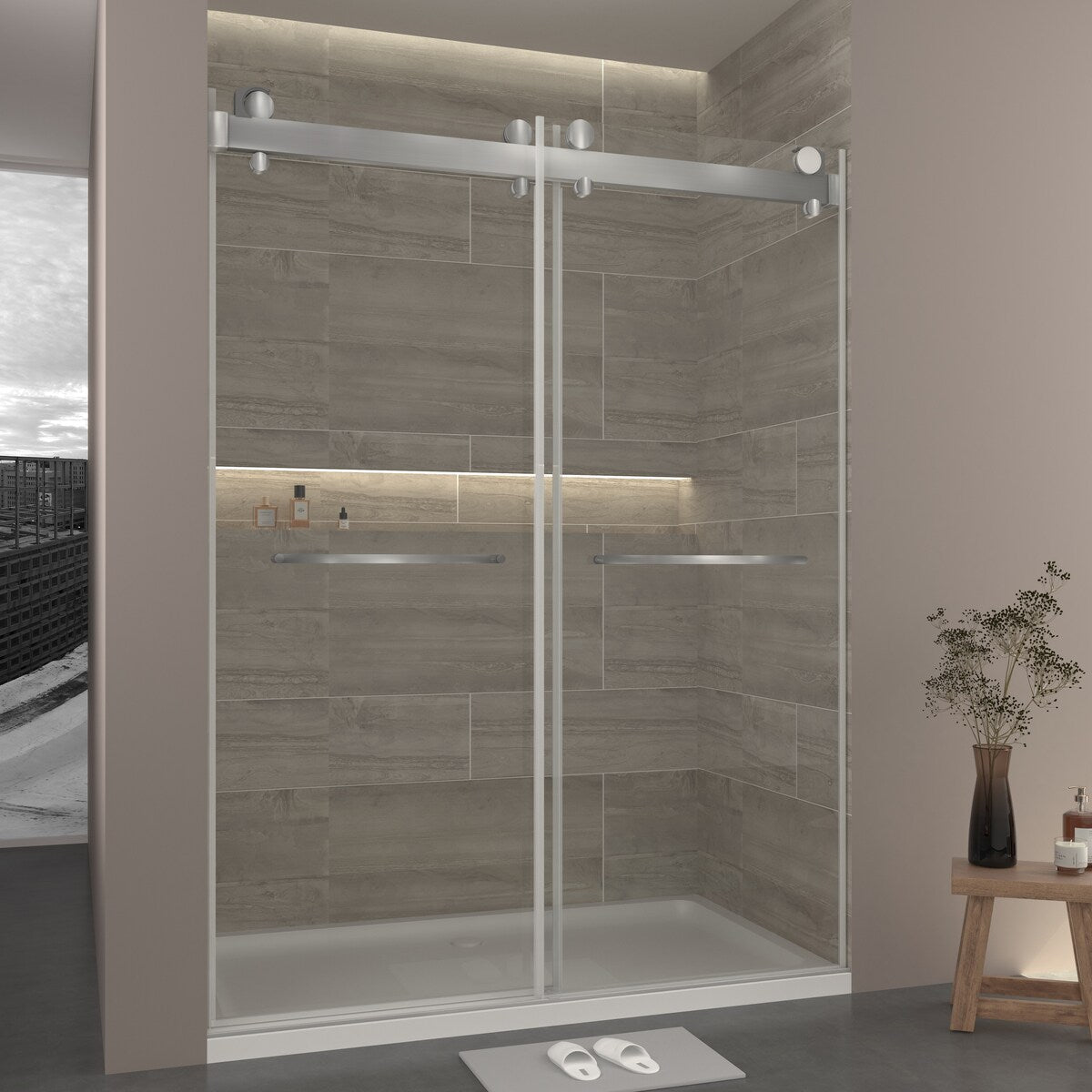Double Sliding Door Frameless Corner Shower Enclosure with 5/16 in. Tempered Glass