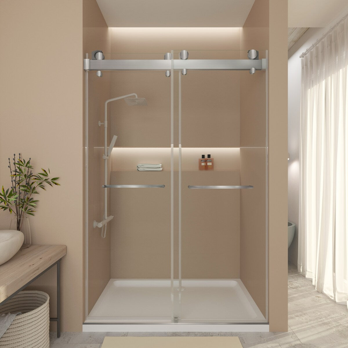 Double Sliding Door Frameless Corner Shower Enclosure with 5/16 in. Tempered Glass