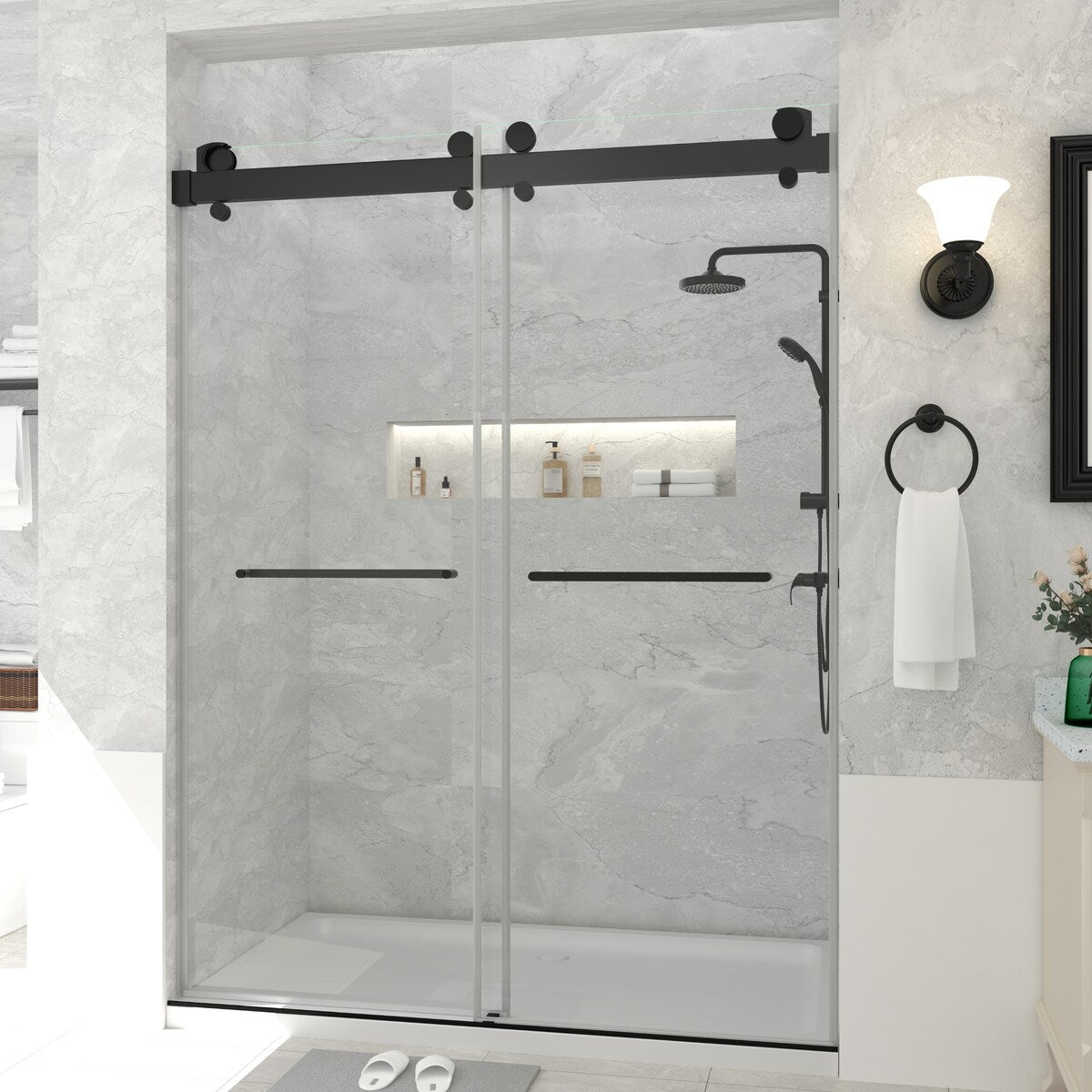 Double Sliding Door Frameless Corner Shower Enclosure with 5/16 in. Tempered Glass