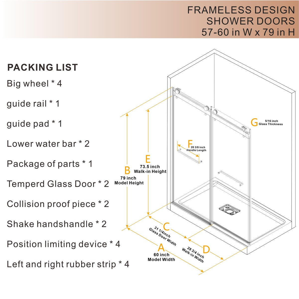 Double Sliding Door Frameless Corner Shower Enclosure with 5/16 in. Tempered Glass