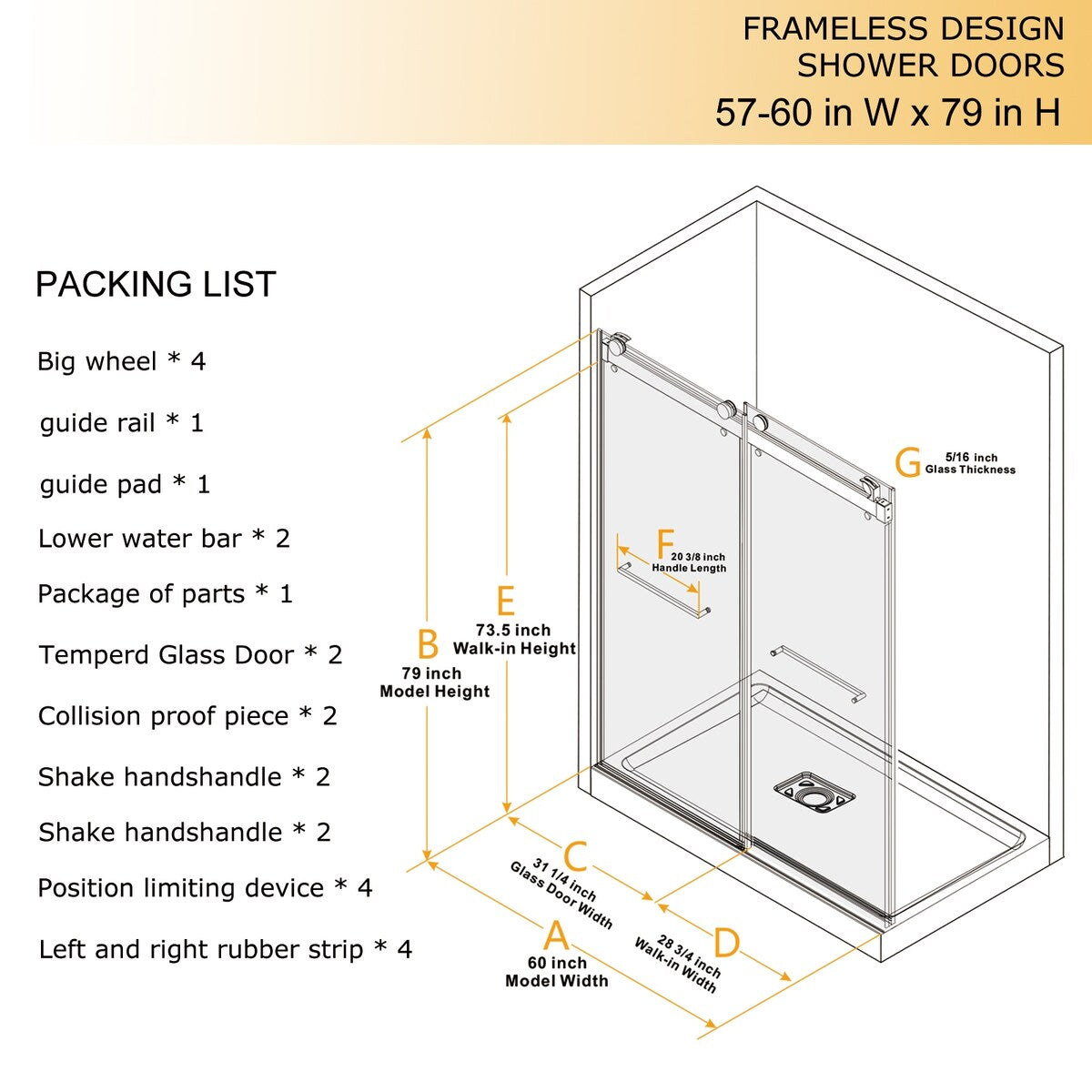 Double Sliding Door Frameless Corner Shower Enclosure with 5/16 in. Tempered Glass