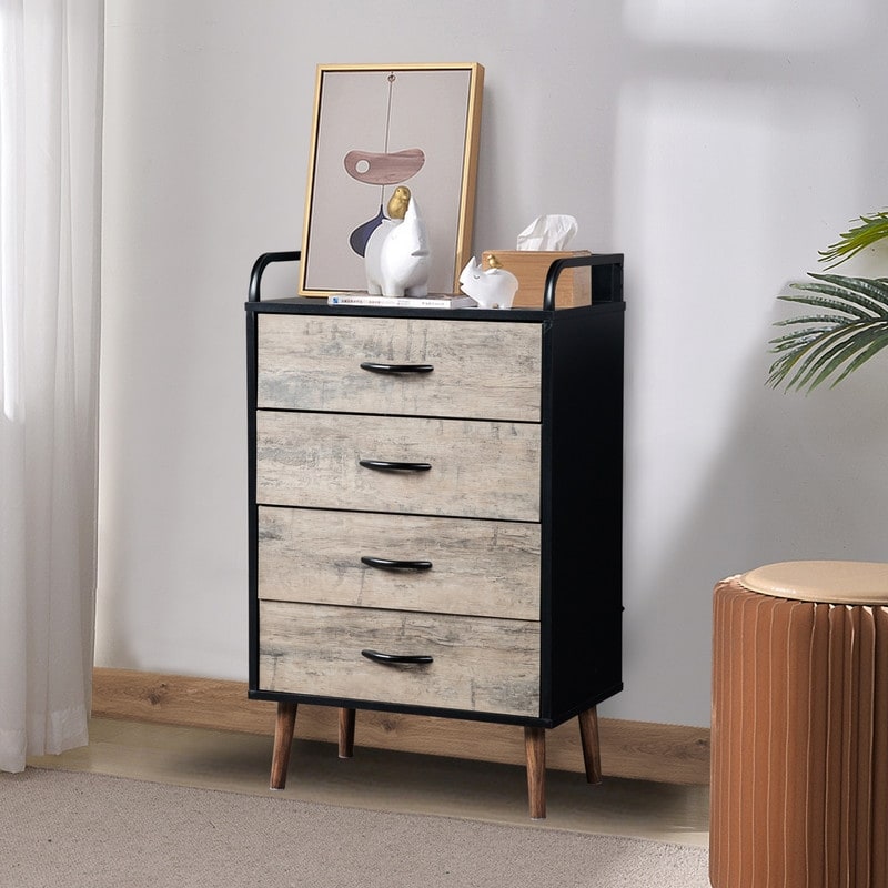 Drawer Dresser 4 Drawers Storage Dresser with Fabric Foldable Drawers, Gray and Black
