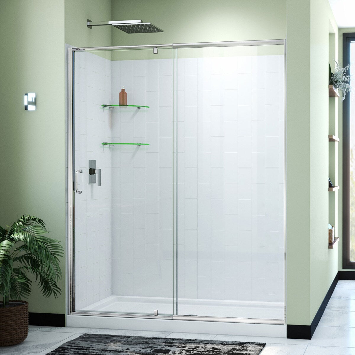 DreamLine Flex 32 in. D x 60 in. W x 78 3/4 in. H Pivot Shower Door, Base, and White Wall Kit in Chrome
