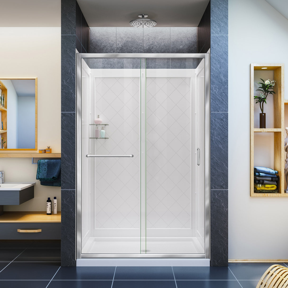 DreamLine Infinity-Z 36 in. D x 48 in. W x 76 3/4 in. H Sliding Shower Door, Shower Base and Backwall Kit