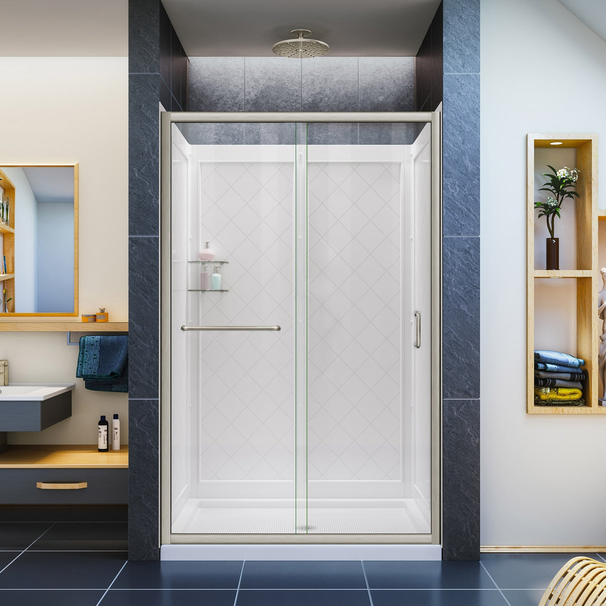 DreamLine Infinity-Z 36 in. D x 48 in. W x 76 3/4 in. H Sliding Shower Door, Shower Base and Backwall Kit