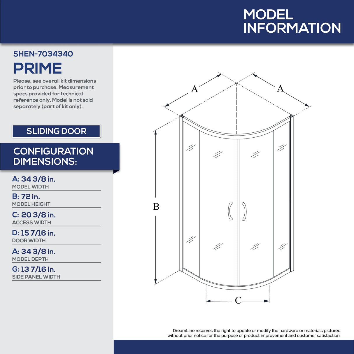 DreamLine Prime 36 in. x 36 in. x 74 3/4 in. Sliding Shower Enclosure and Shower Base Kit - 36" x 36" - 36" x 36"