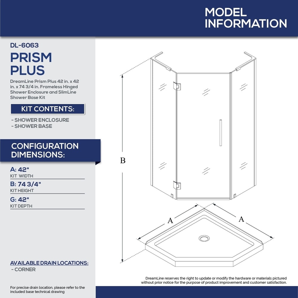 DreamLine Prism Plus 42 in. x 42 in. x 74 3/4 in. Shower Enclosure and Shower Base Kit - 42" x 42"
