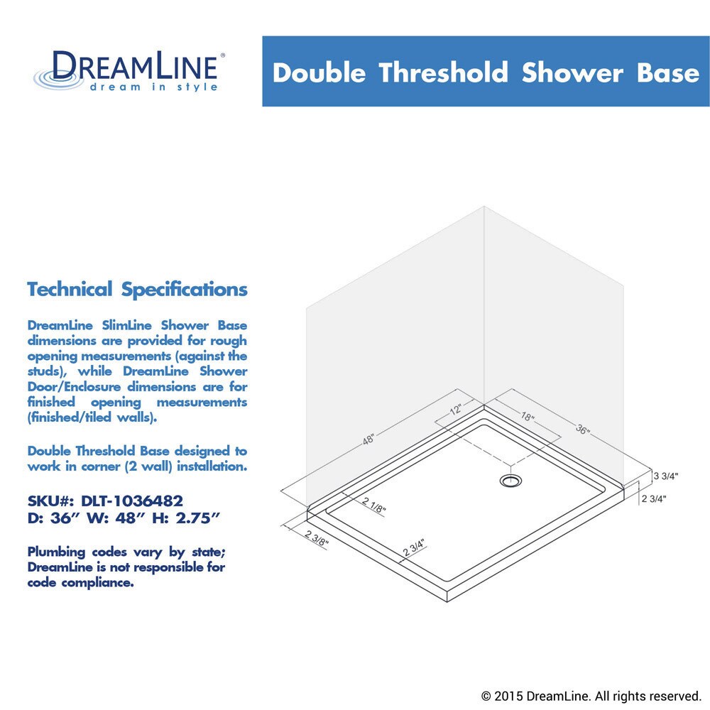 DreamLine SlimLine 36 in. D x 48 in. W x 2 3/4 in. H Double Threshold Shower Base