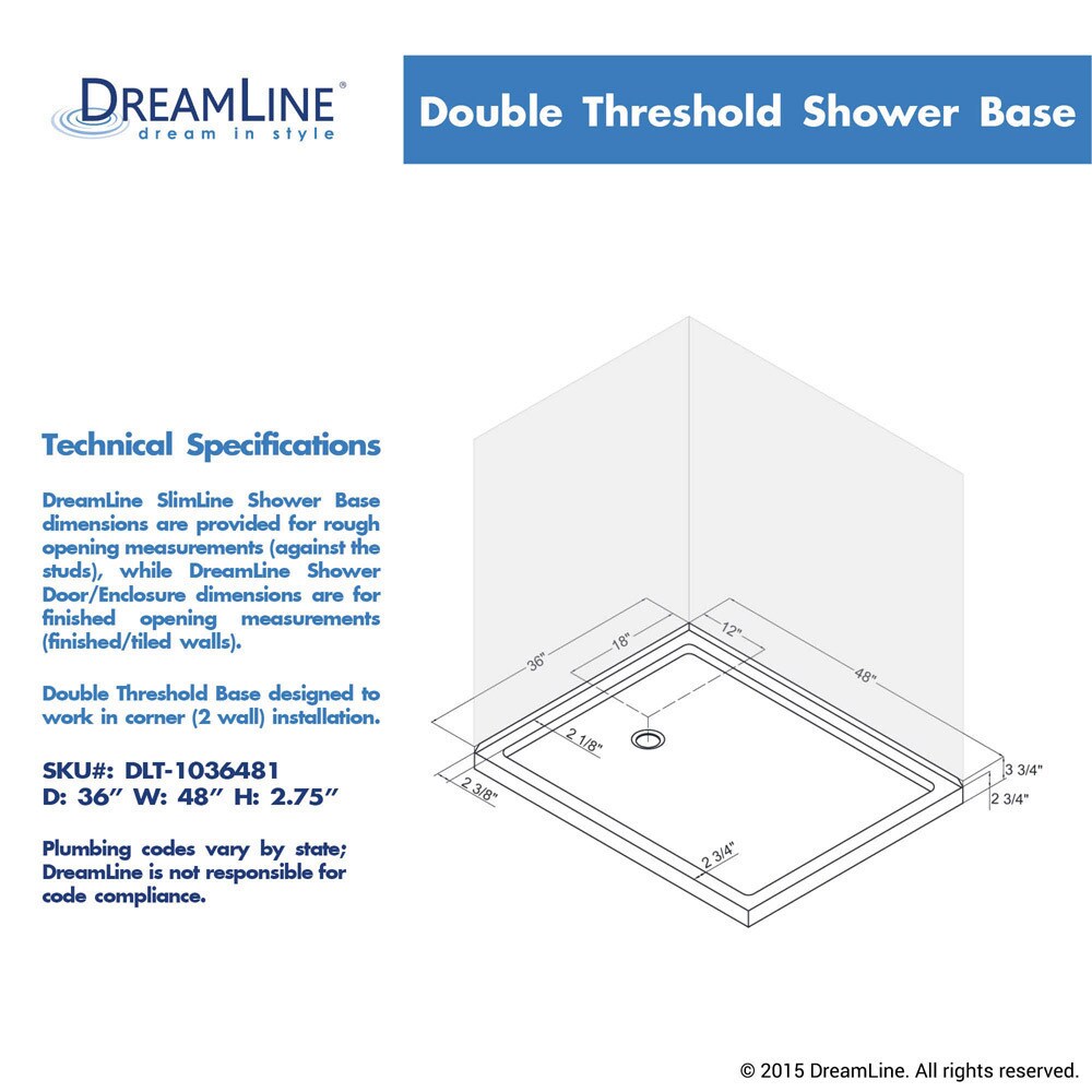 DreamLine SlimLine 36 in. D x 48 in. W x 2 3/4 in. H Double Threshold Shower Base
