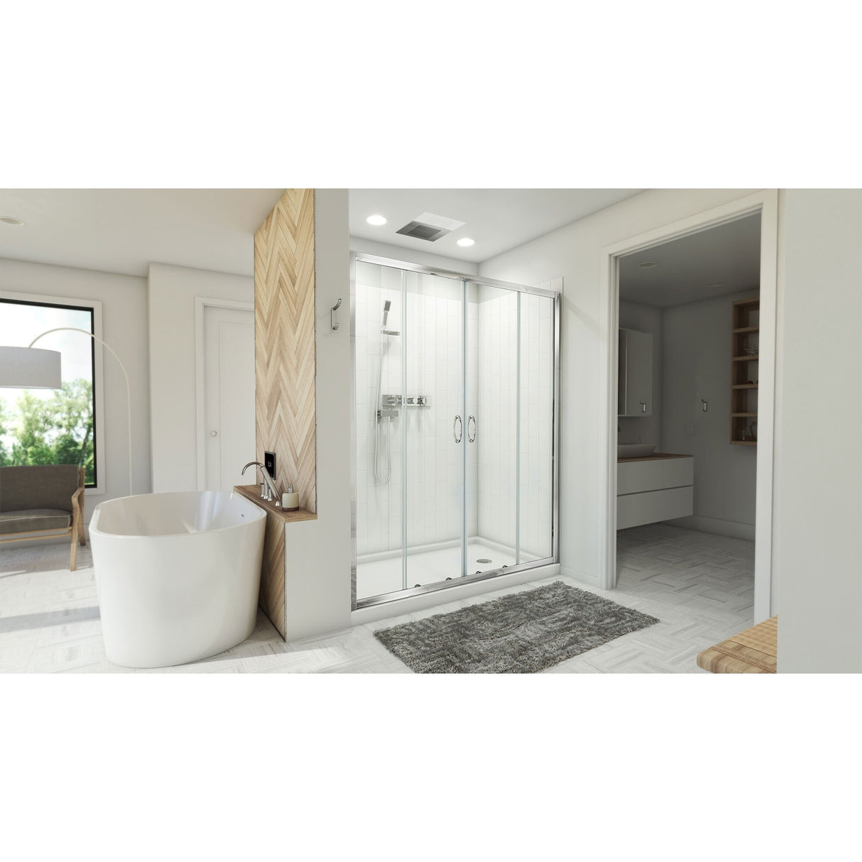 DreamLine Visions 34 in. D x 60 in. W x 78 3/4 in. H Sliding Shower Door, Base, and White Wall Kit in Chrome