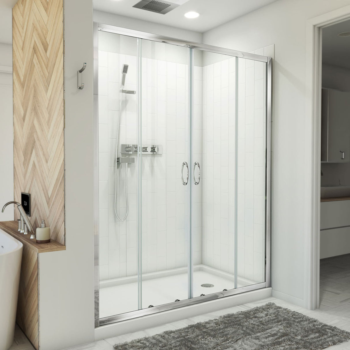 DreamLine Visions 34 in. D x 60 in. W x 78 3/4 in. H Sliding Shower Door, Base, and White Wall Kit in Chrome