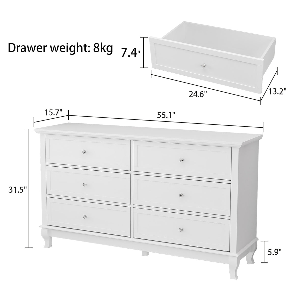 Dresser for Bedroom with Deep Drawers Wooden 6 Drawer Double Dresser