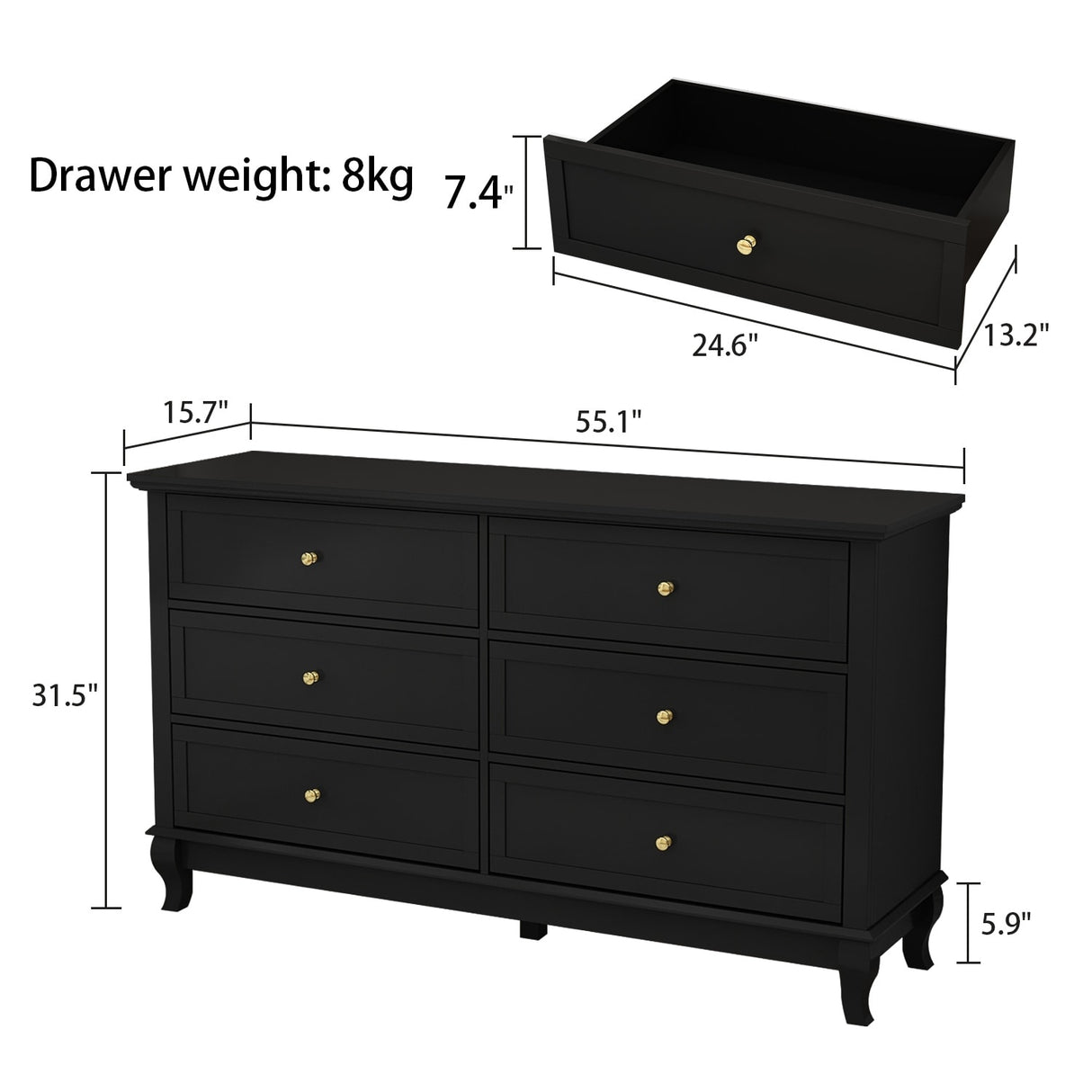 Dresser for Bedroom with Deep Drawers Wooden 6 Drawer Double Dresser