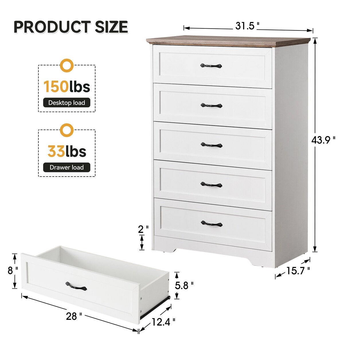 Dresser with 5 Drawers for Bedroom