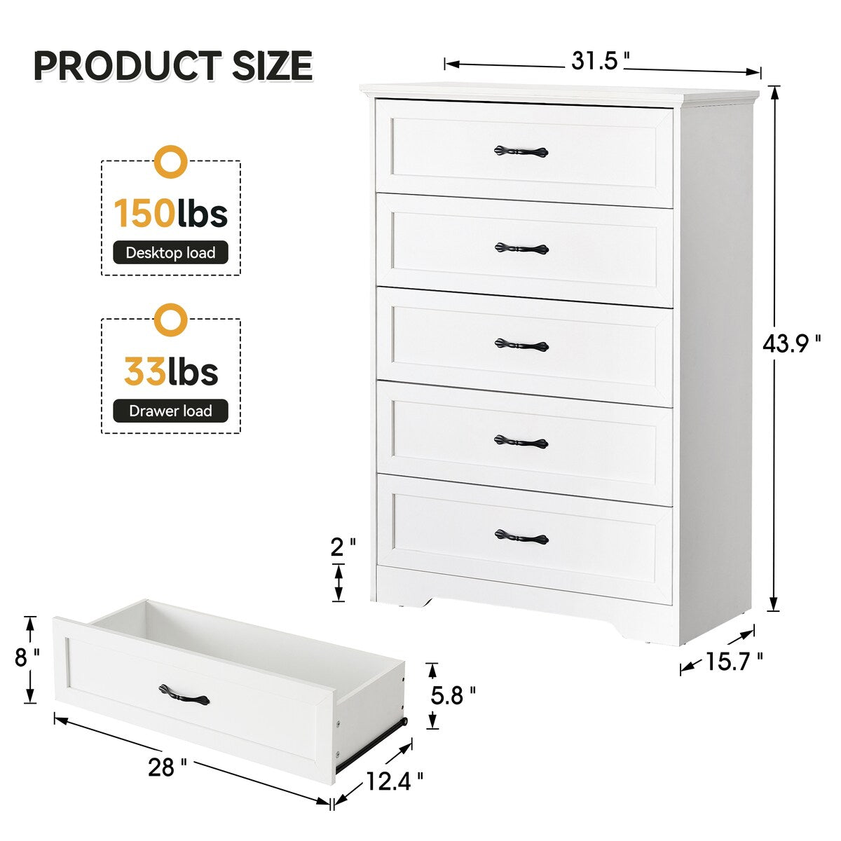 Dresser with 5 Drawers for Bedroom