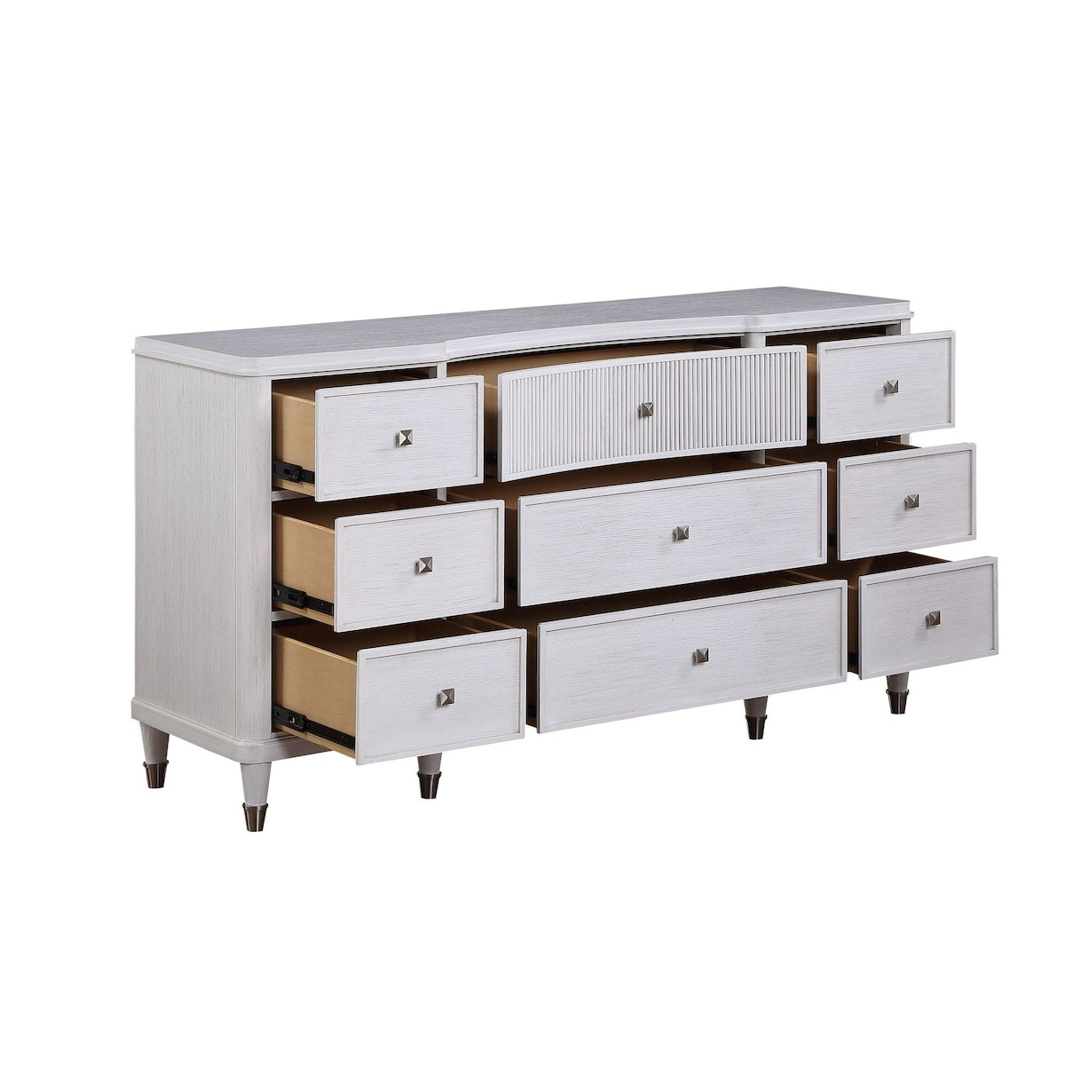 Dresser with Reeded Design and Tapered Legs, White