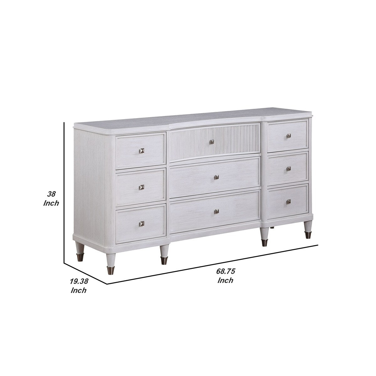 Dresser with Reeded Design and Tapered Legs, White