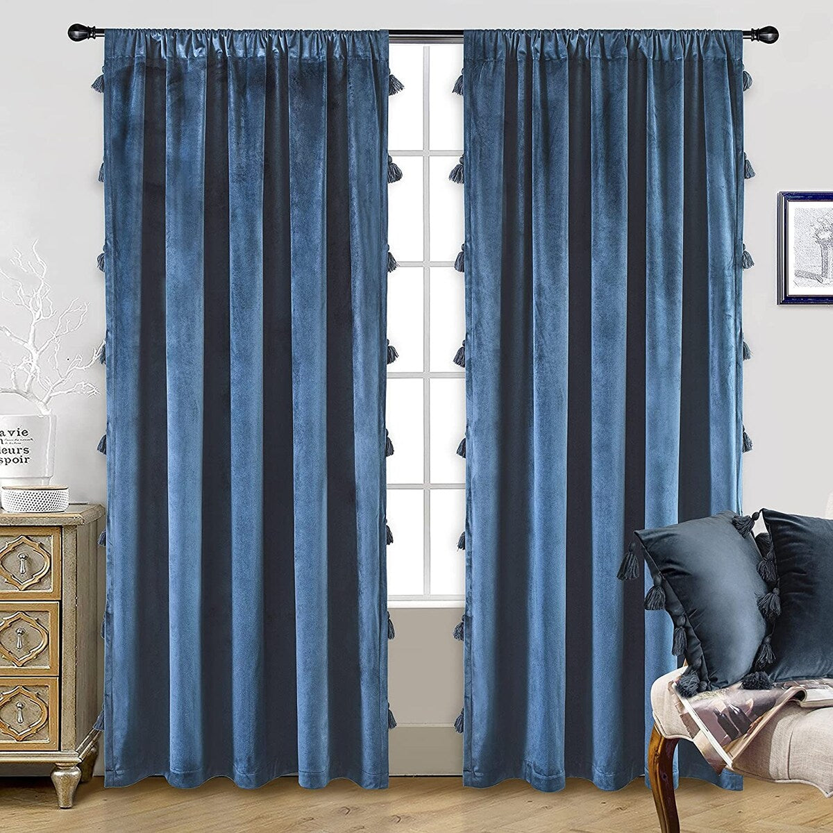 DriftAway Boho Velvet Handmade Tassel Curtain Room Darkening Thermal Insulated Window Curtains