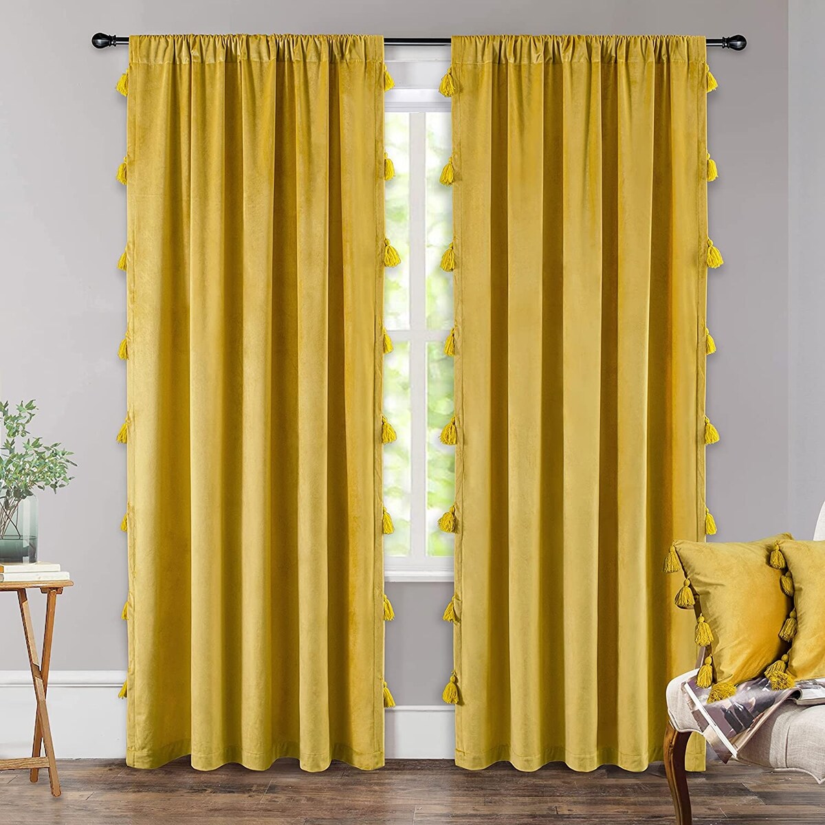 DriftAway Boho Velvet Handmade Tassel Curtain Room Darkening Thermal Insulated Window Curtains