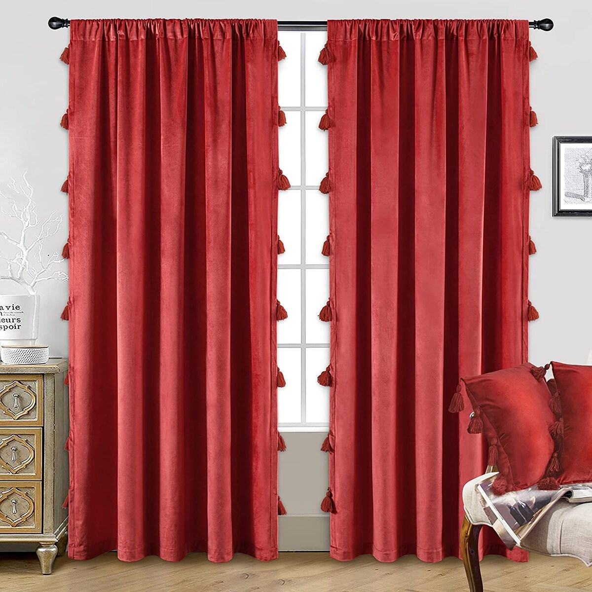DriftAway Boho Velvet Handmade Tassel Curtain Room Darkening Thermal Insulated Window Curtains