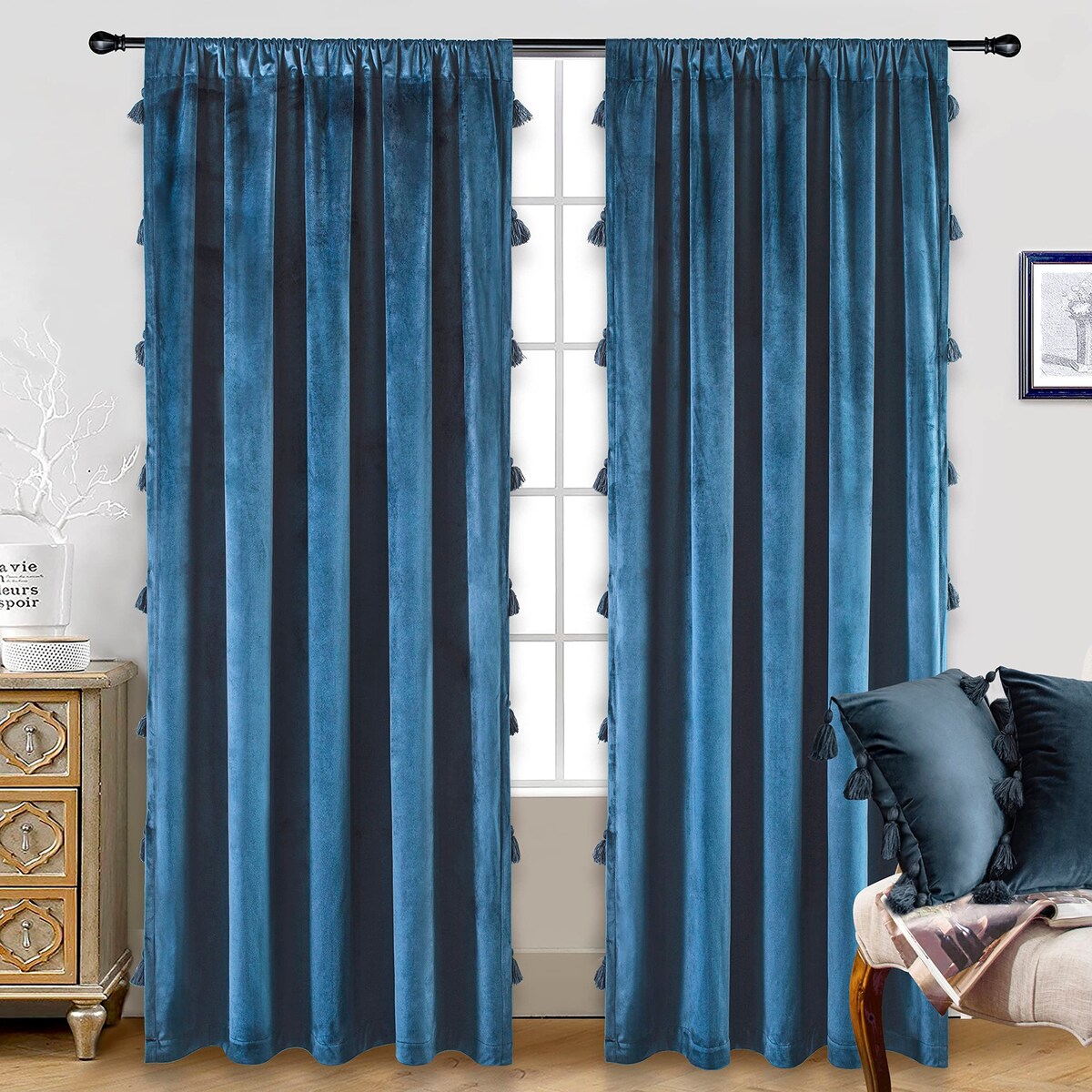 DriftAway Boho Velvet Handmade Tassel Curtain Room Darkening Thermal Insulated Window Curtains