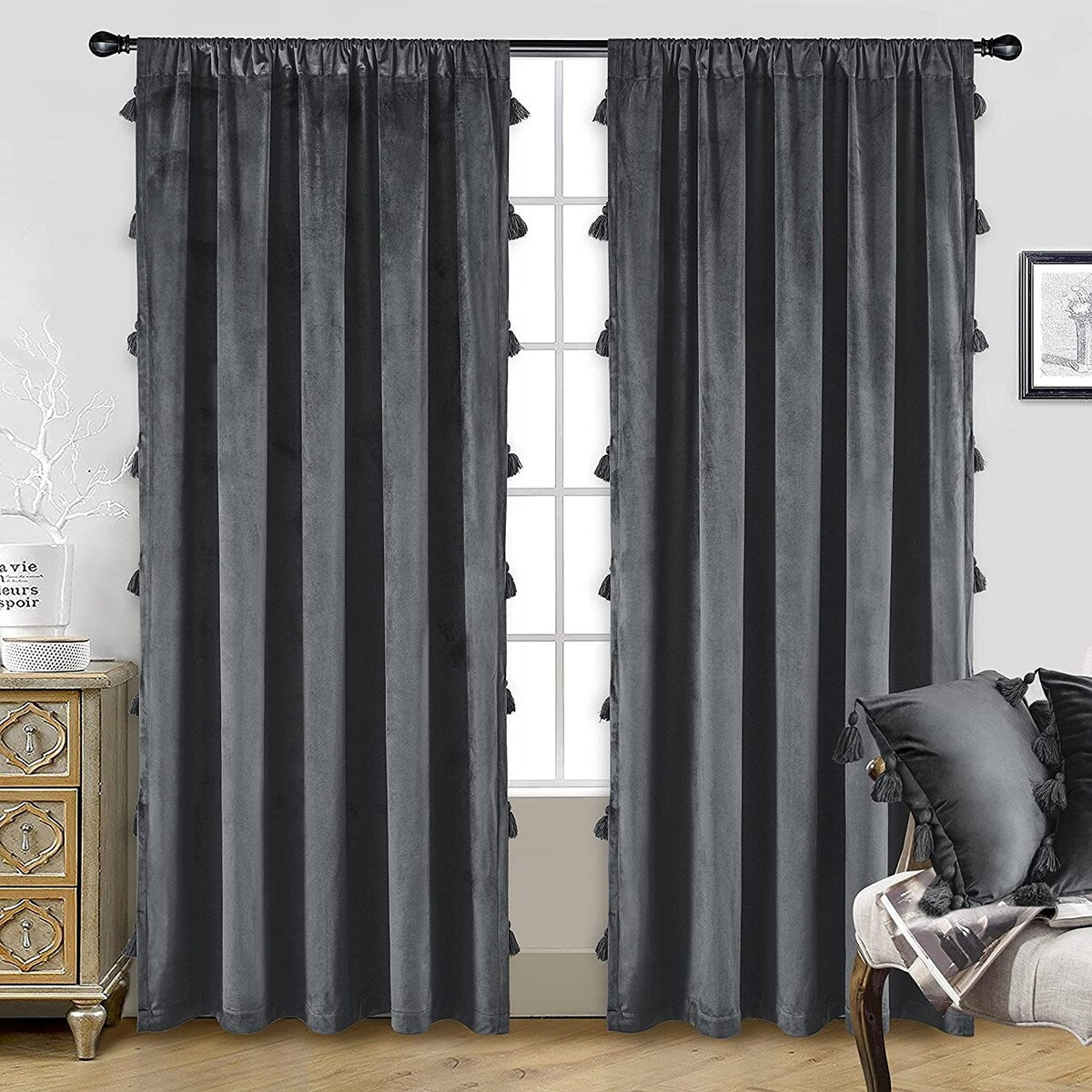 DriftAway Boho Velvet Handmade Tassel Curtain Room Darkening Thermal Insulated Window Curtains