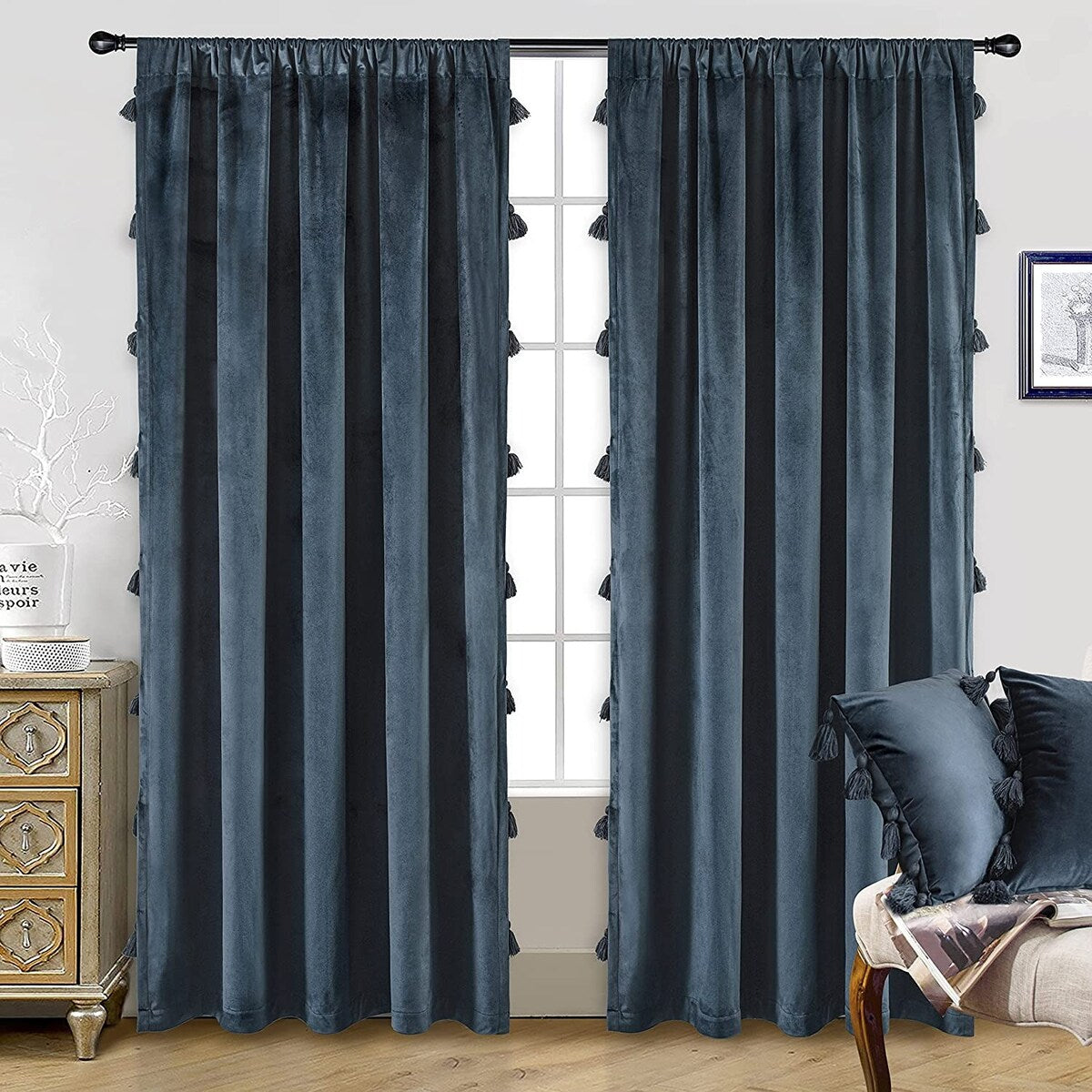 DriftAway Boho Velvet Handmade Tassel Curtain Room Darkening Thermal Insulated Window Curtains