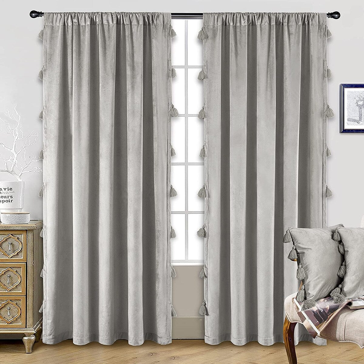 DriftAway Boho Velvet Handmade Tassel Curtain Room Darkening Thermal Insulated Window Curtains