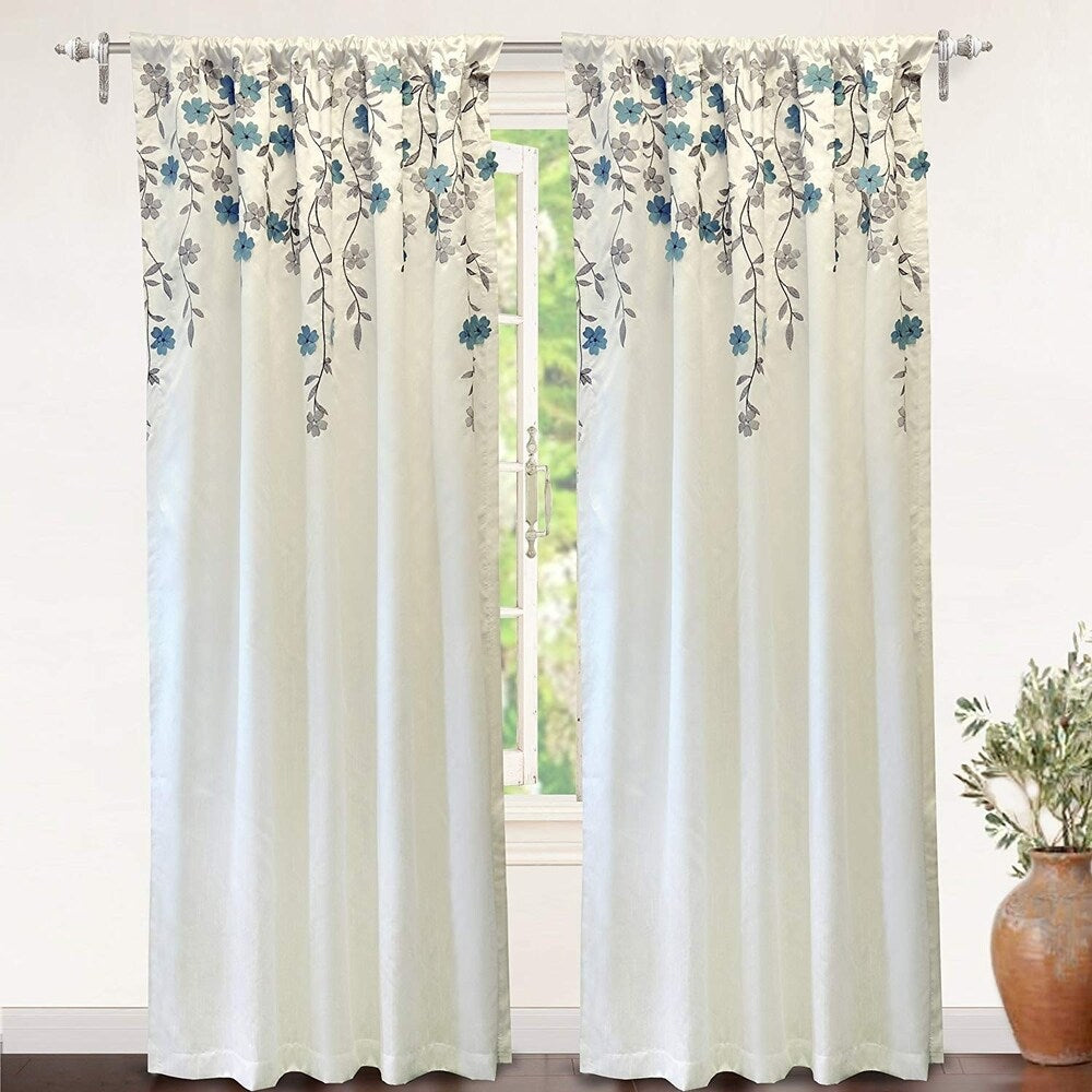DriftAway Isabella Faux Silk Embroidered Curtain Crafted Flower Lined