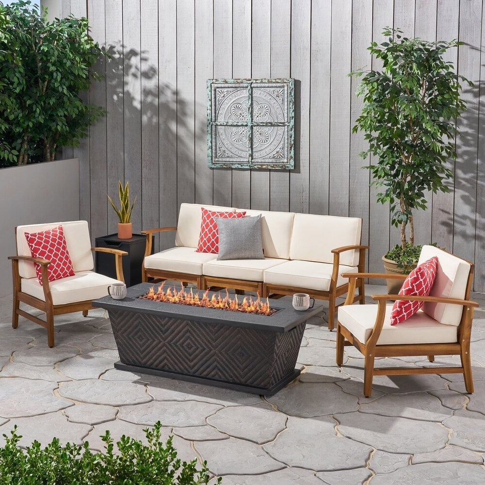 Driscoll Outdoor 5 Seater Acacia Wood Chat Set with Cushions and Fire Pit by Christopher Knight Home
