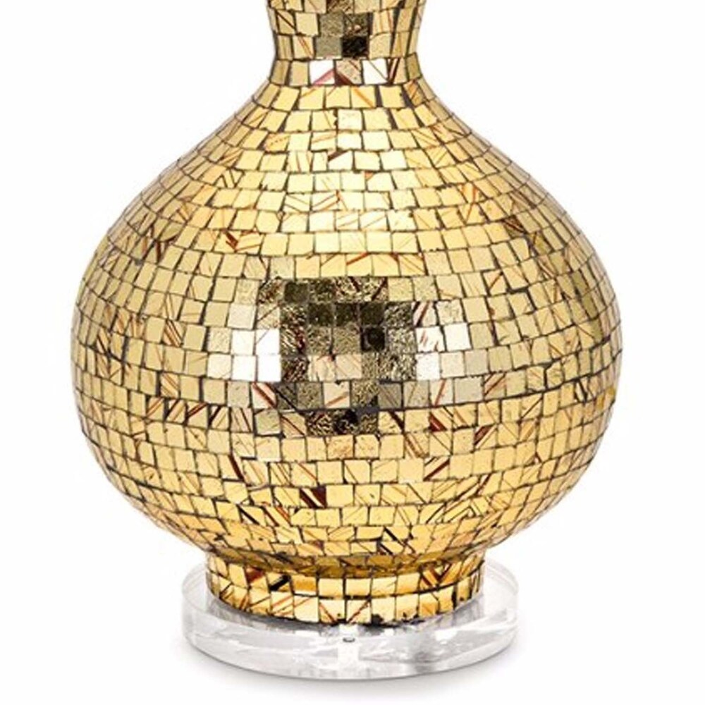 Drum Shade Mosaic Table Lamp with Iron Base, Gold and White
