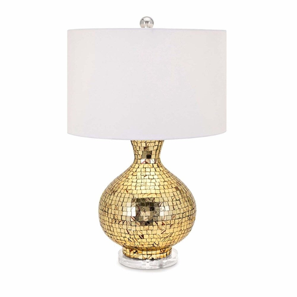 Drum Shade Mosaic Table Lamp with Iron Base, Gold and White
