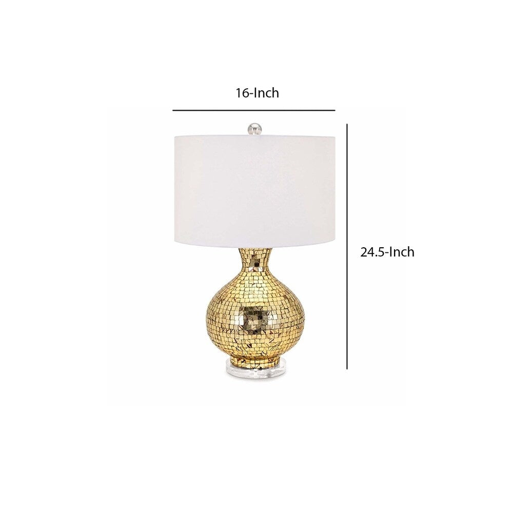 Drum Shade Mosaic Table Lamp with Iron Base, Gold and White