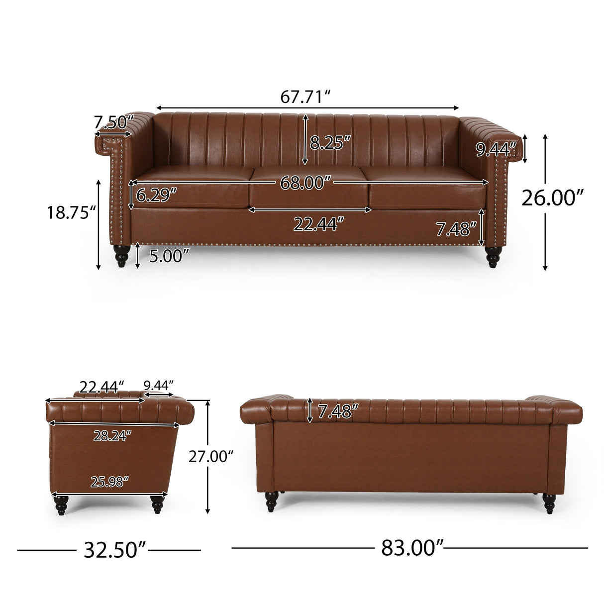 Drury Channel Stitch Faux Leather Sofa with Nailhead Trim by Christopher Knight Home - 83.00" L x 32.50" W x 27.00" H