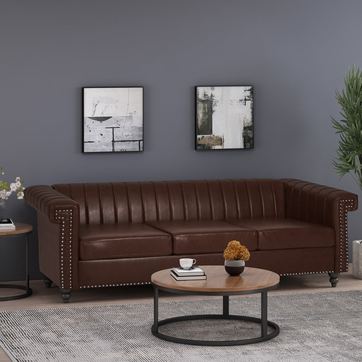 Drury Channel Stitch Faux Leather Sofa with Nailhead Trim by Christopher Knight Home - 83.00" L x 32.50" W x 27.00" H