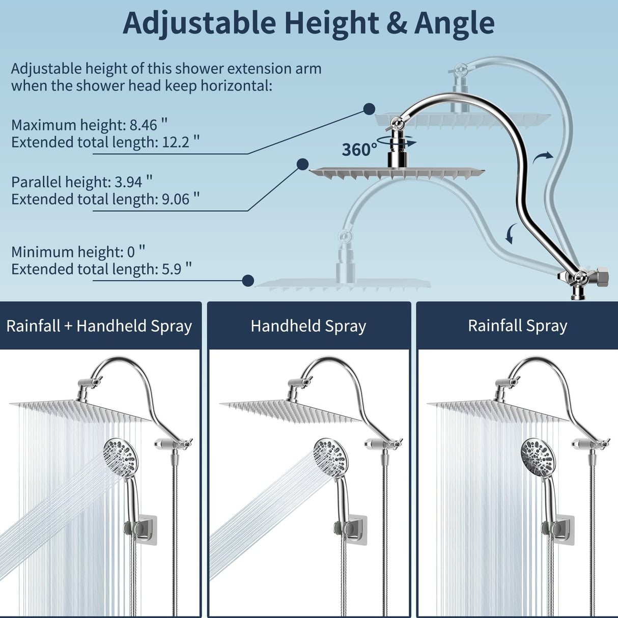 All metal 10 Inch High Pressure Rainfall Shower head with Handheld Spray