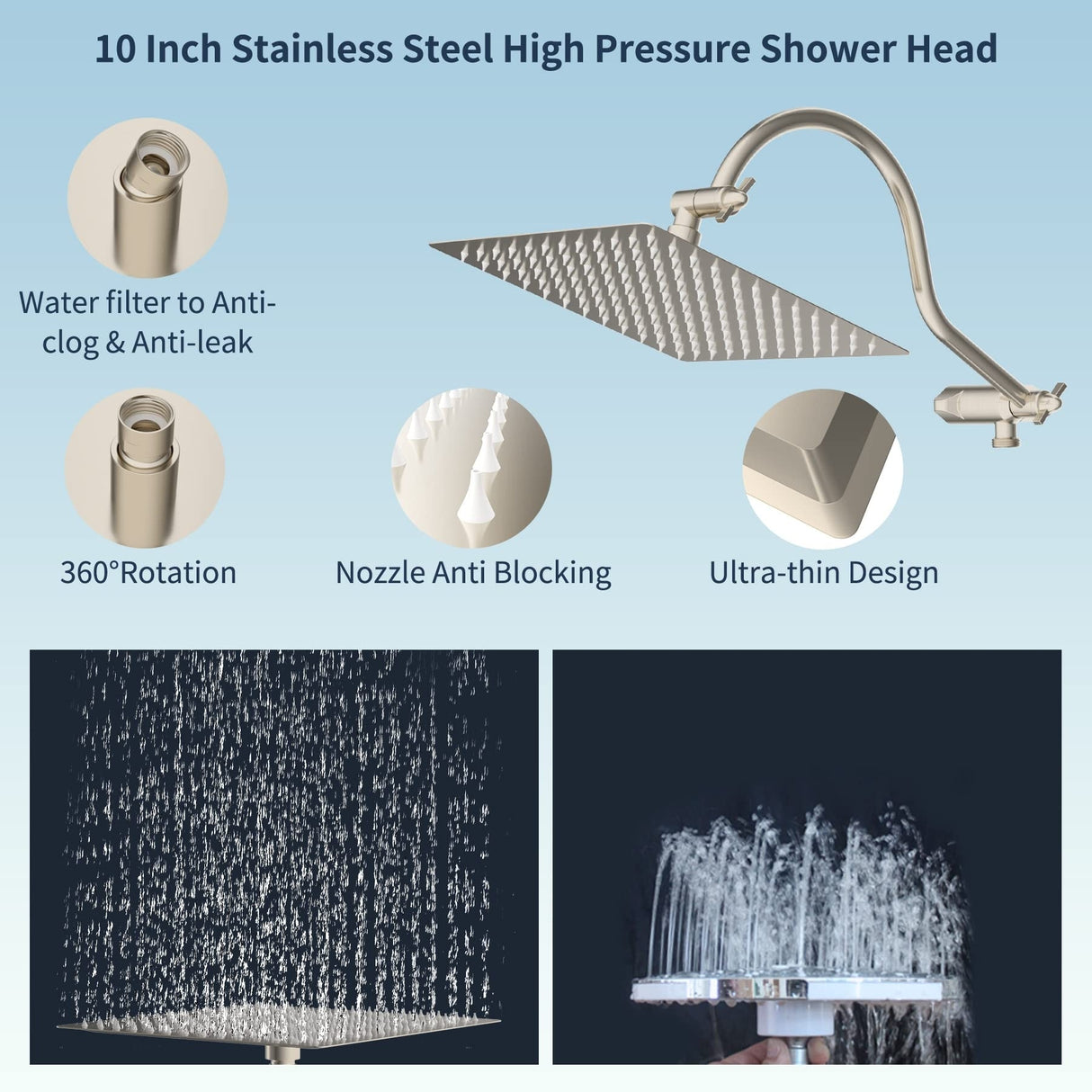 All metal 10 Inch High Pressure Rainfall Shower head with Handheld Spray