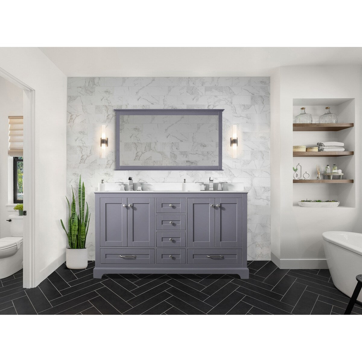 Dukes 60 in. W x 22 in. D White Double Bath Vanity, Cultured Marble Top, Faucet Set, and 58 in. Mirror