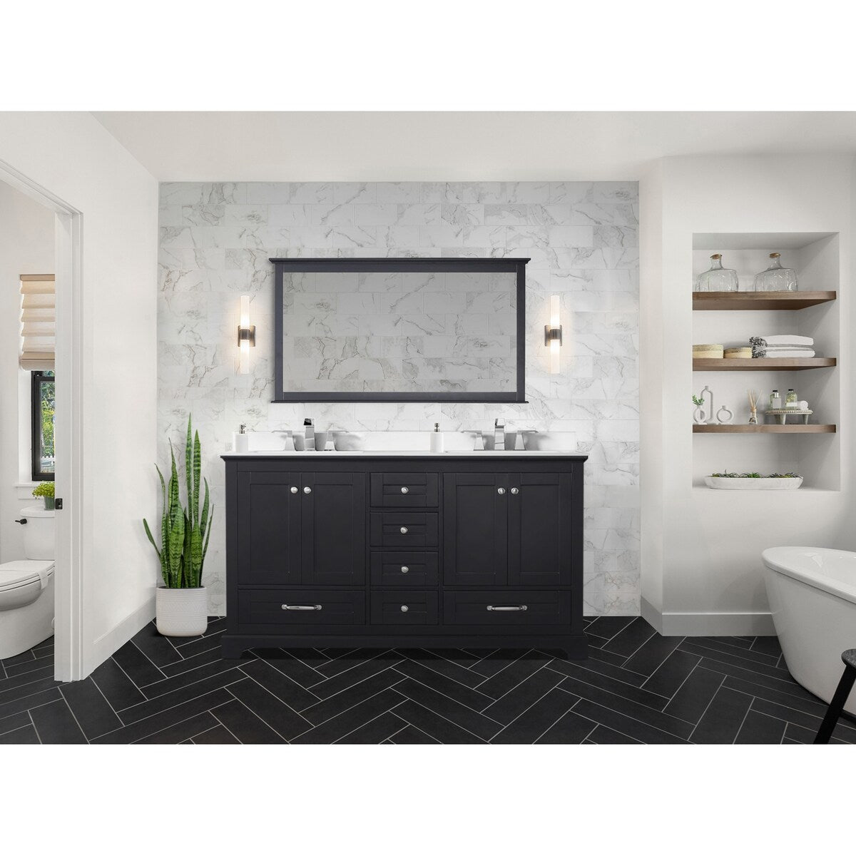 Dukes 60 in. W x 22 in. D White Double Bath Vanity, Cultured Marble Top, Faucet Set, and 58 in. Mirror