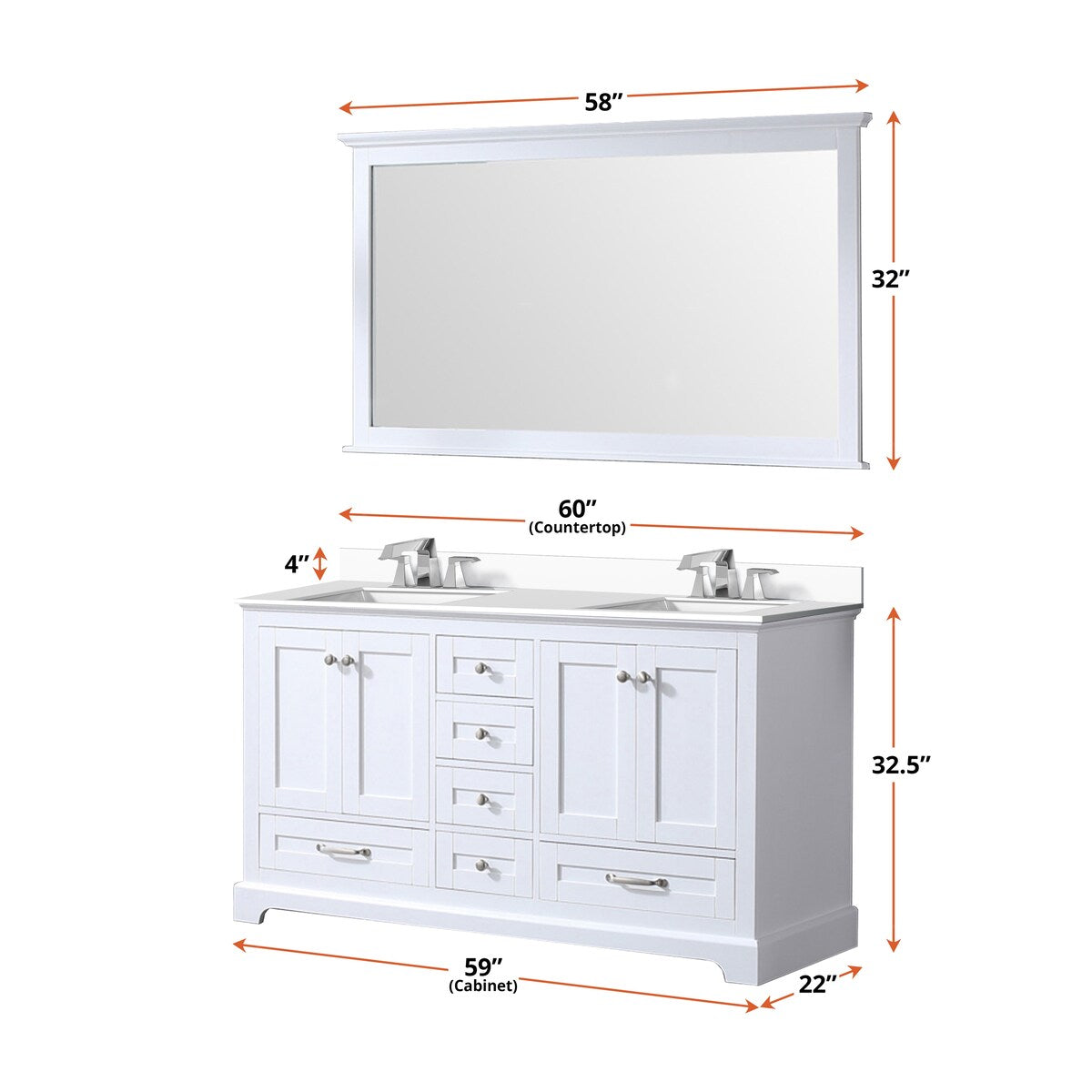 Dukes 60 in. W x 22 in. D White Double Bath Vanity, Cultured Marble Top, Faucet Set, and 58 in. Mirror