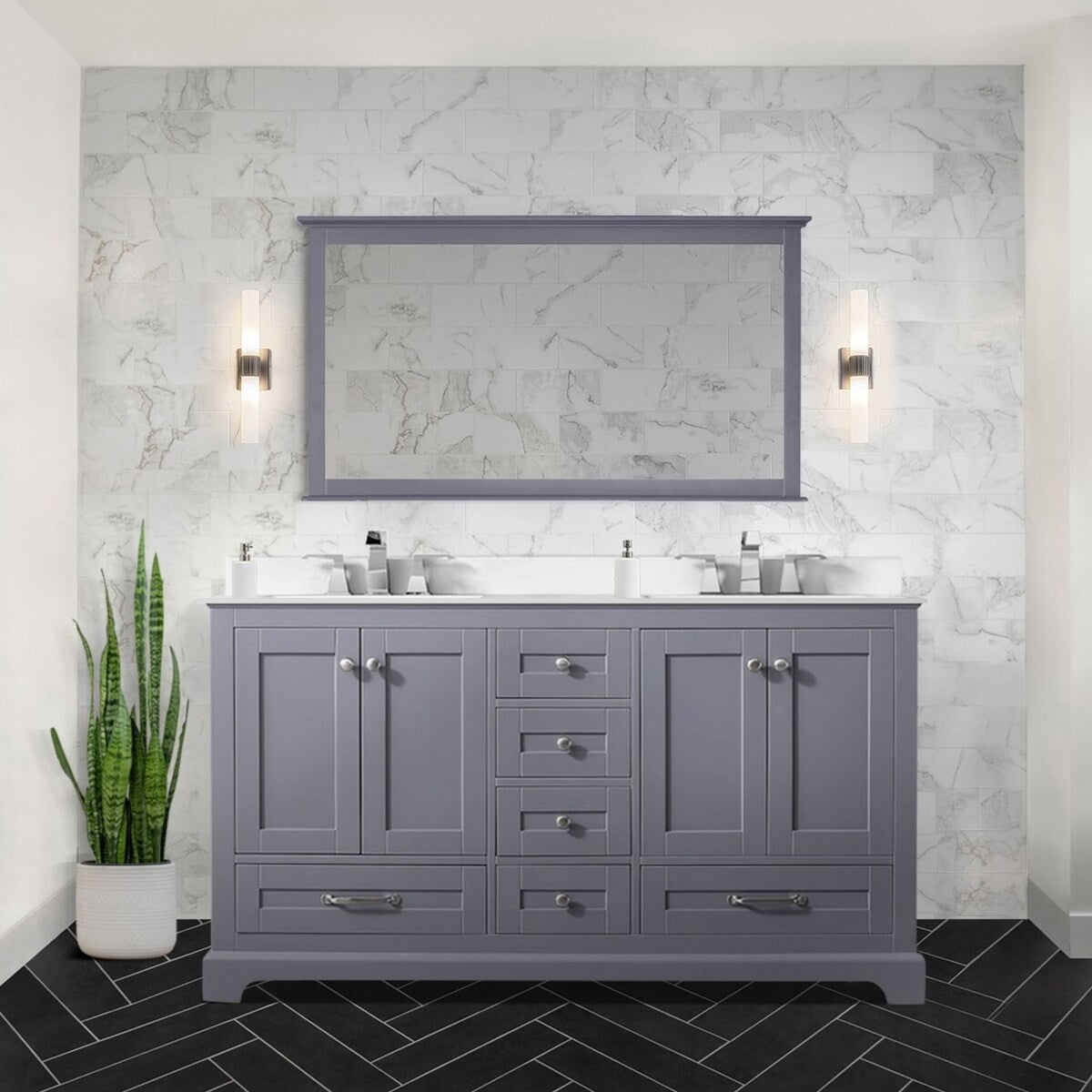 Dukes 60 in. W x 22 in. D White Double Bath Vanity, Cultured Marble Top, Faucet Set, and 58 in. Mirror