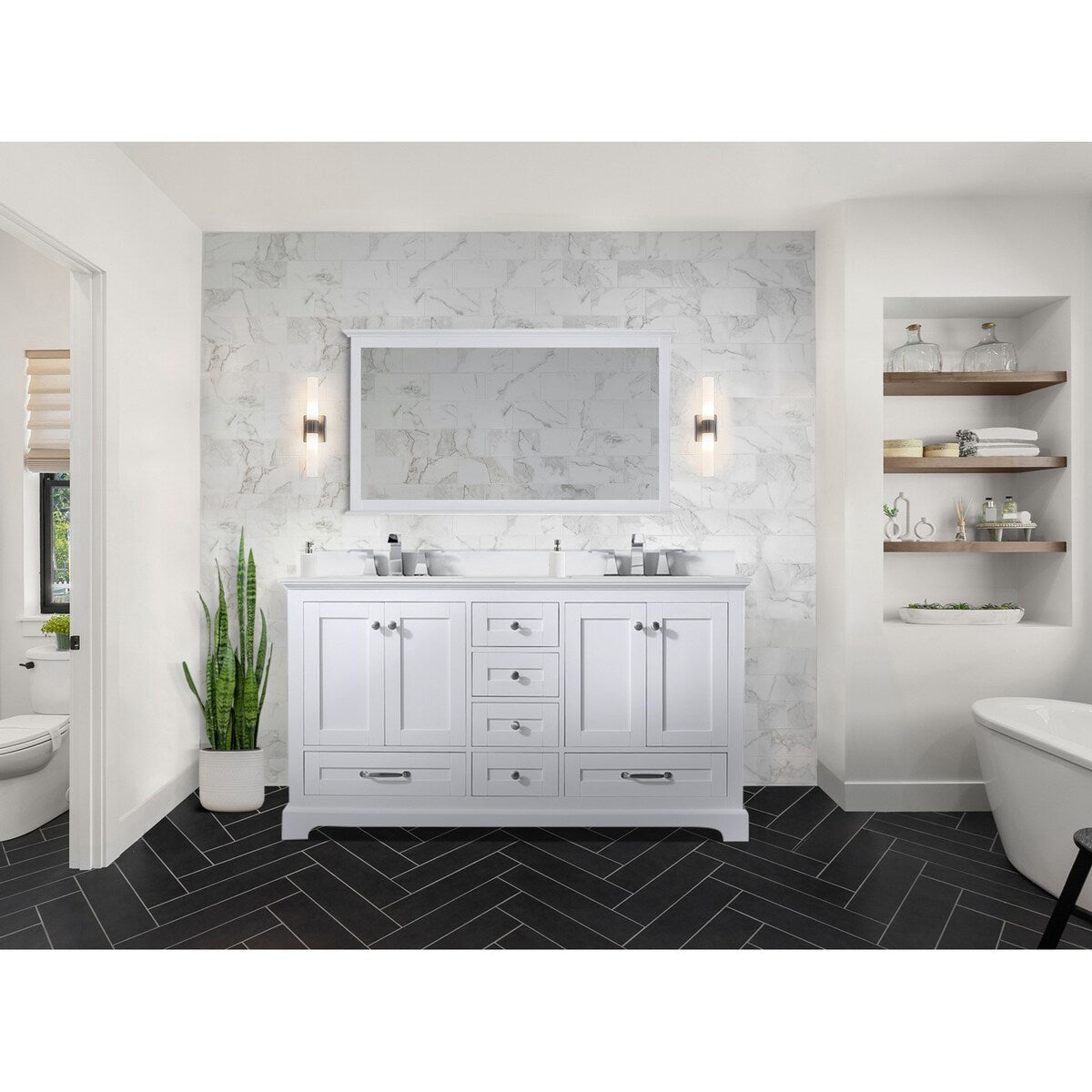 Dukes 60 in. W x 22 in. D White Double Bath Vanity, Cultured Marble Top, Faucet Set, and 58 in. Mirror