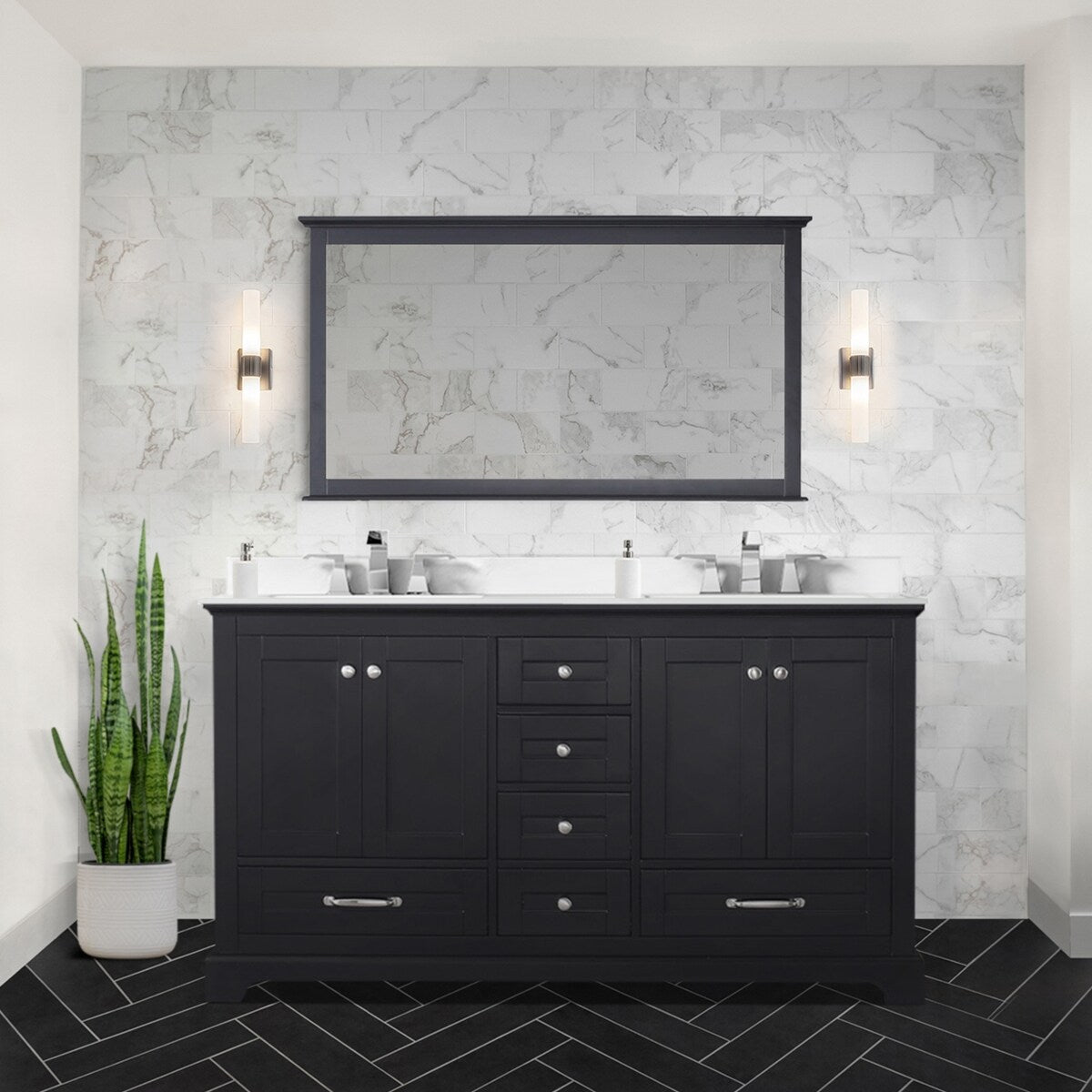 Dukes 60 in. W x 22 in. D White Double Bath Vanity, Cultured Marble Top, Faucet Set, and 58 in. Mirror