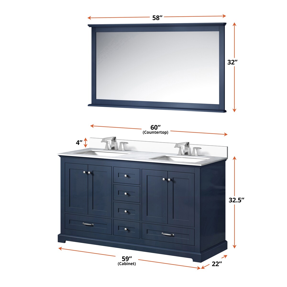 Dukes 60 in. W x 22 in. D White Double Bath Vanity, Cultured Marble Top, Faucet Set, and 58 in. Mirror