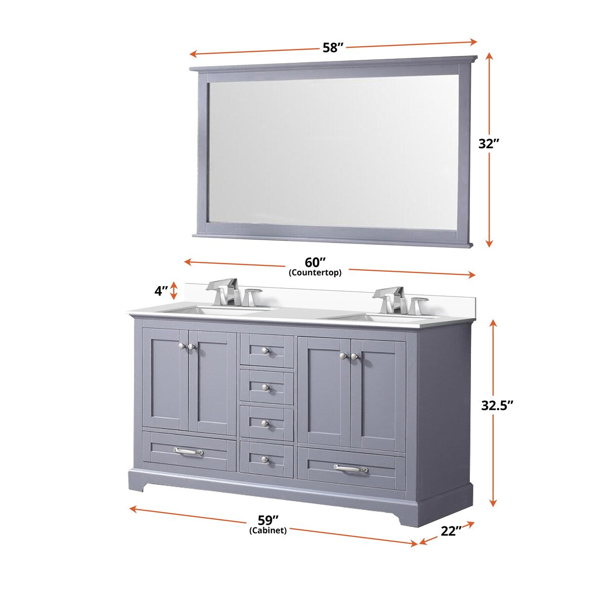 Dukes 60 in. W x 22 in. D White Double Bath Vanity, Cultured Marble Top, Faucet Set, and 58 in. Mirror