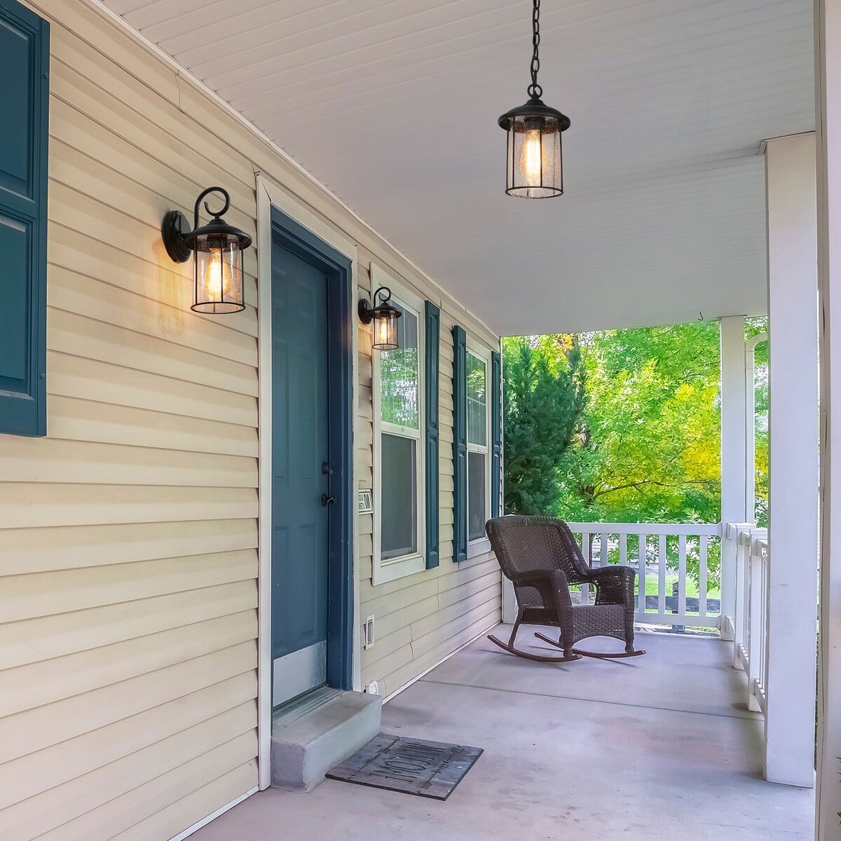 Modern Farmhouse Outdoor Patio Pendants Black Seeded Glass Shade Ceiling Light - Textured Black - D 6.5"x H 10.5"