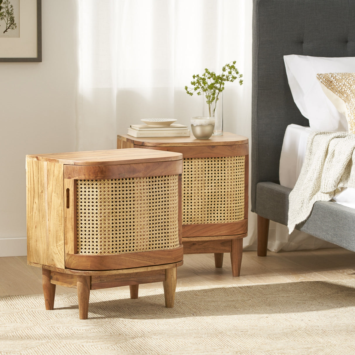 Durette Wood and Cane Nightstand Cabinet (Set of 2) by Christopher Knight Home