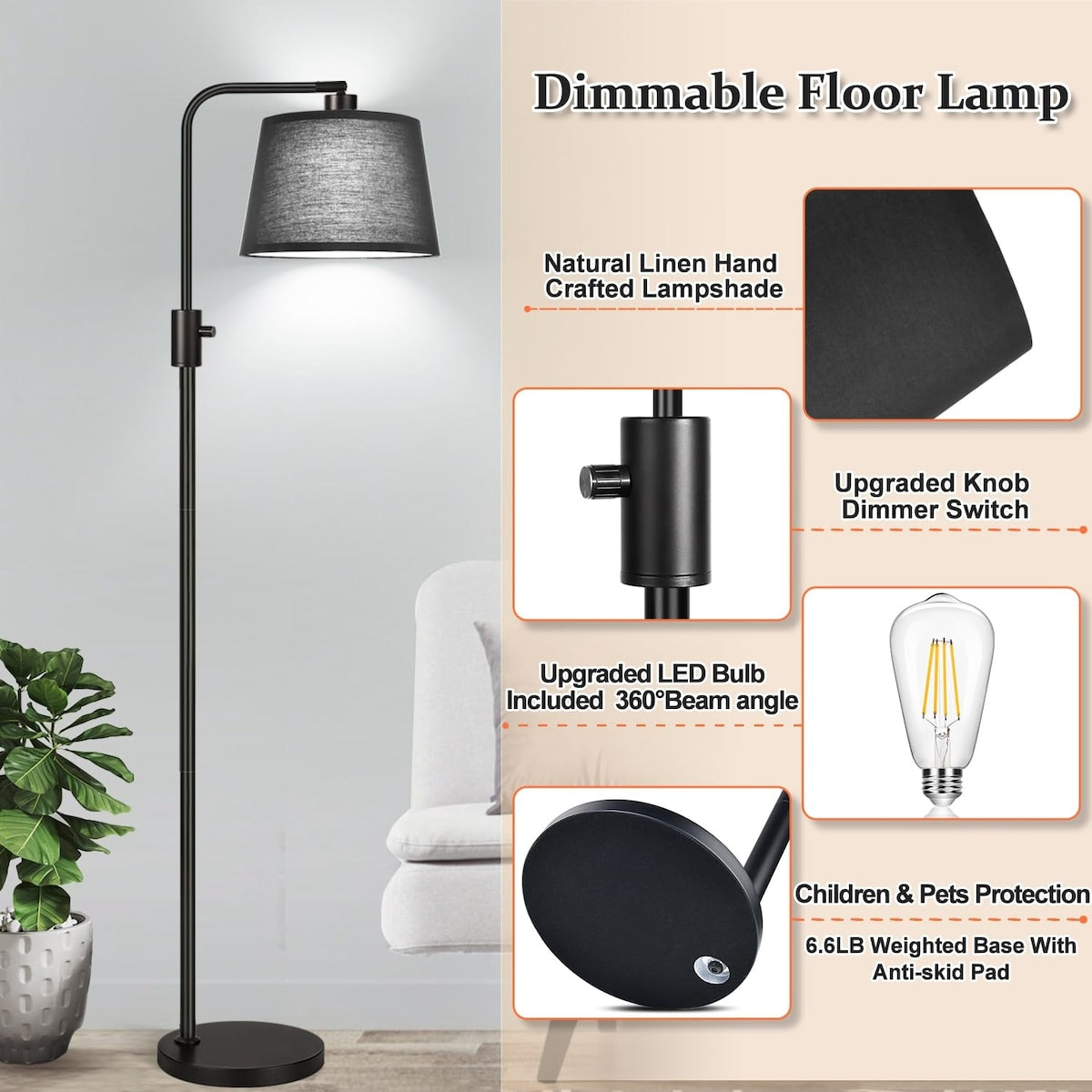 【Upgraded】 Dimmable Floor Lamp,1000 Lumens LED Edison Bulb Included,Arc Floor Lamps for Living Room Modern Standing Lamp