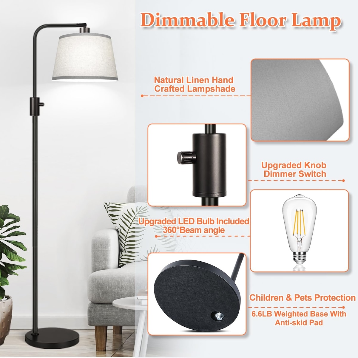 【Upgraded】 Dimmable Floor Lamp,1000 Lumens LED Edison Bulb Included,Arc Floor Lamps for Living Room Modern Standing Lamp